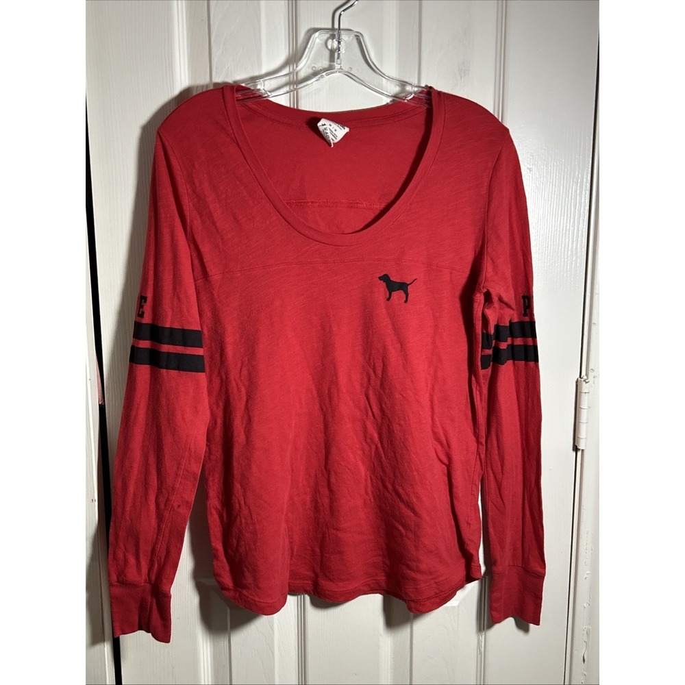 Victoria's Secret PINK Tee M Red Long Sleeve Tshirt Top Black Dog Logo Graphic